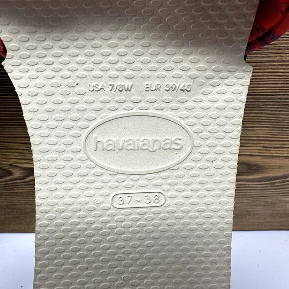 Havaianas Bege Palha Sandals Red Floral Fabric Thongs SZ 7/8 - 39/40 Beach Boho - Picture 5 of 7